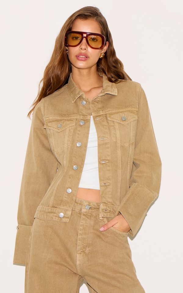 Washed Khaki Turn Up Cuff Cinched Back Denim Jacket