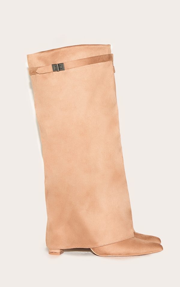 Camel Faux Suede Point Toe Fold Over Knee Block Heeled Boots