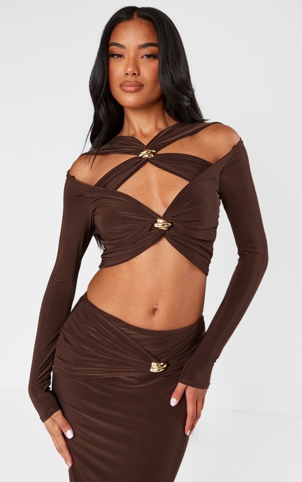 Chocolate Slinky Cut Out Long Sleeve Twist Trim Crop Top