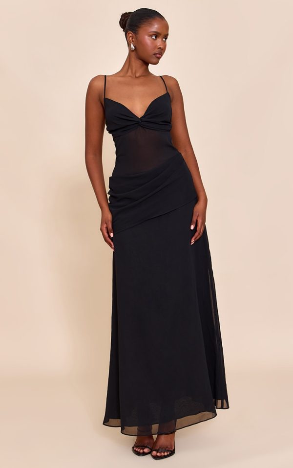 Black Chiffon Twist Mesh Maxi Dress