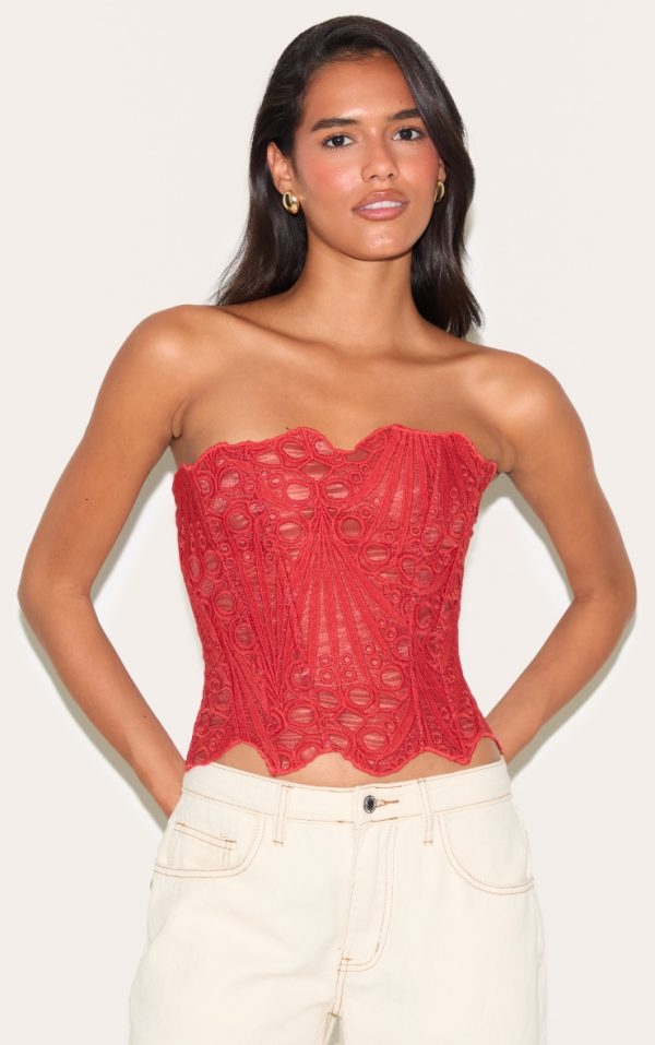 Rust Textured Sheer Floral Lace Corset