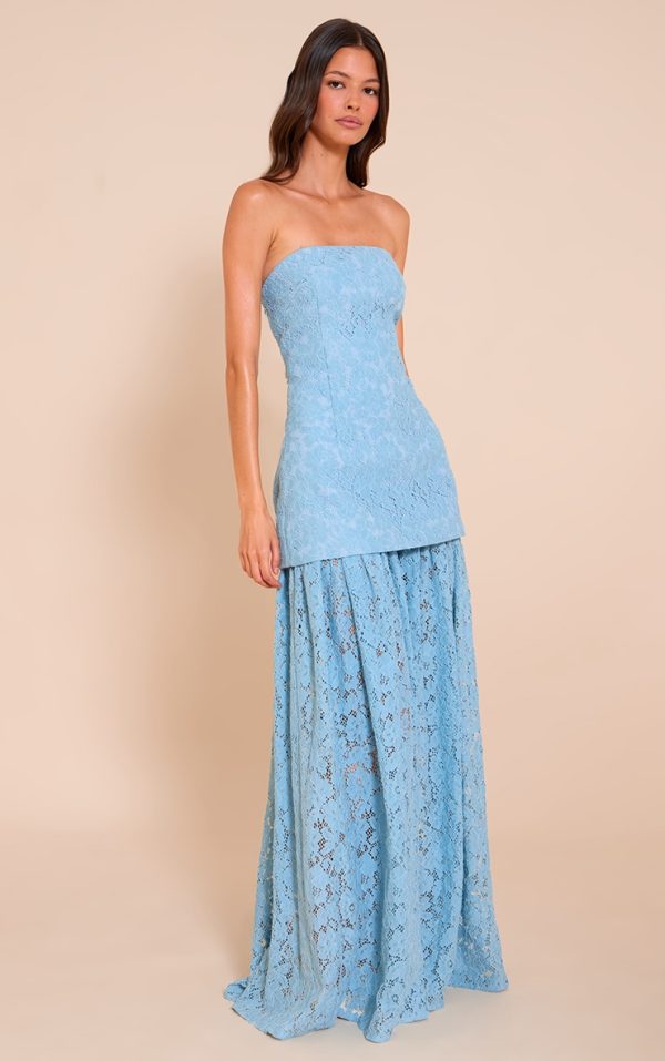 Light Blue Lace Sheer Skirt Panel Bandeau Midaxi Dress