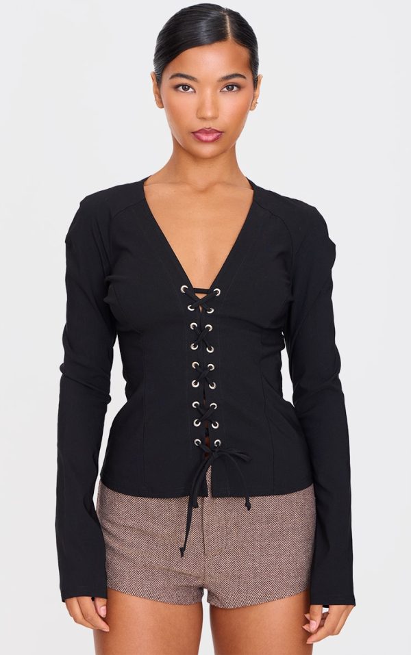 Black Stretch Woven Tie Front Fitted Shirt