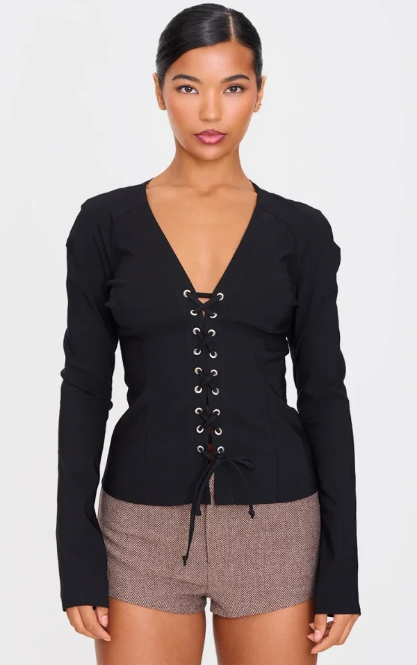 Black Stretch Woven Tie Front Fitted Shirt