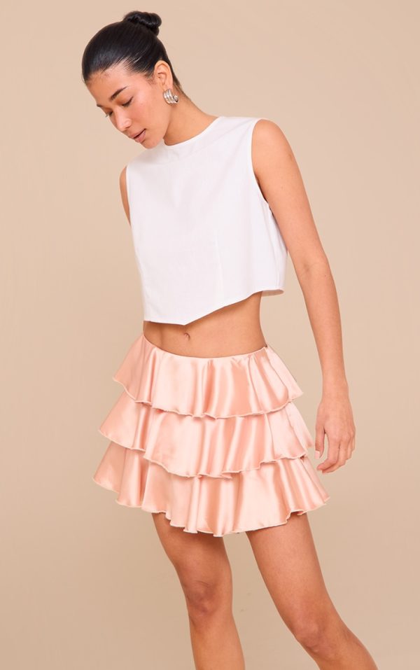 Almond Satin Tiered Flippy Mini Skirt