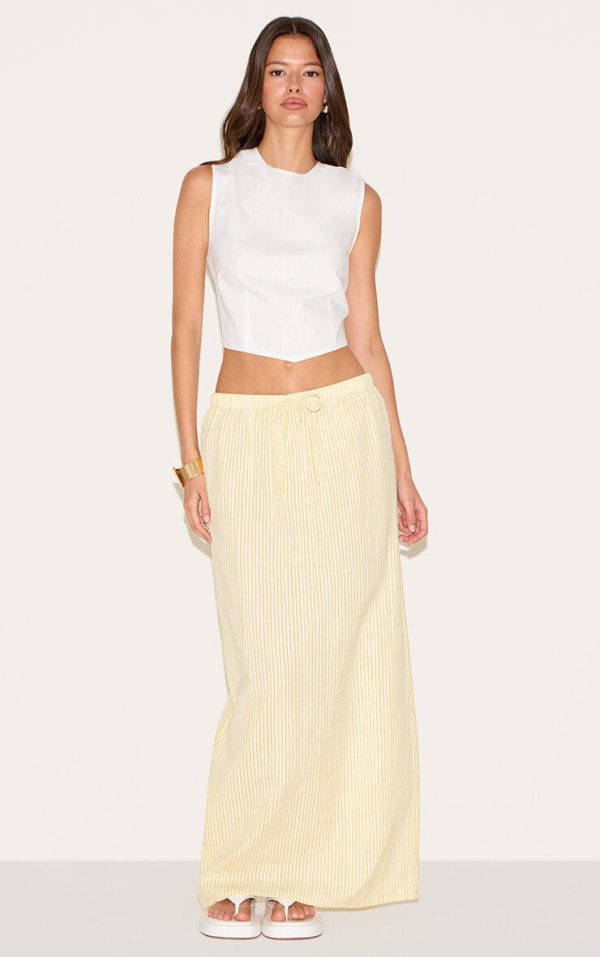 Lemon Stripe Cotton Drawstring Tie Maxi Skirt