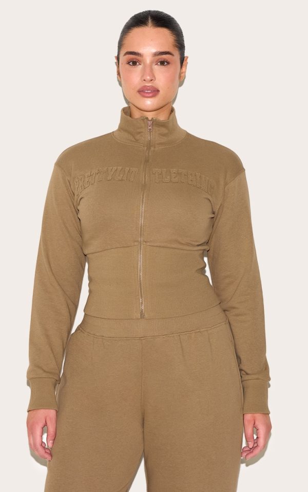 Shape Khaki Pocket Detail Fitted Zip Up Sweatshirt