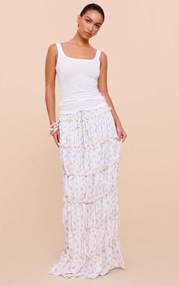 Blue Ditsy Floral Print Tiered Maxi Skirt