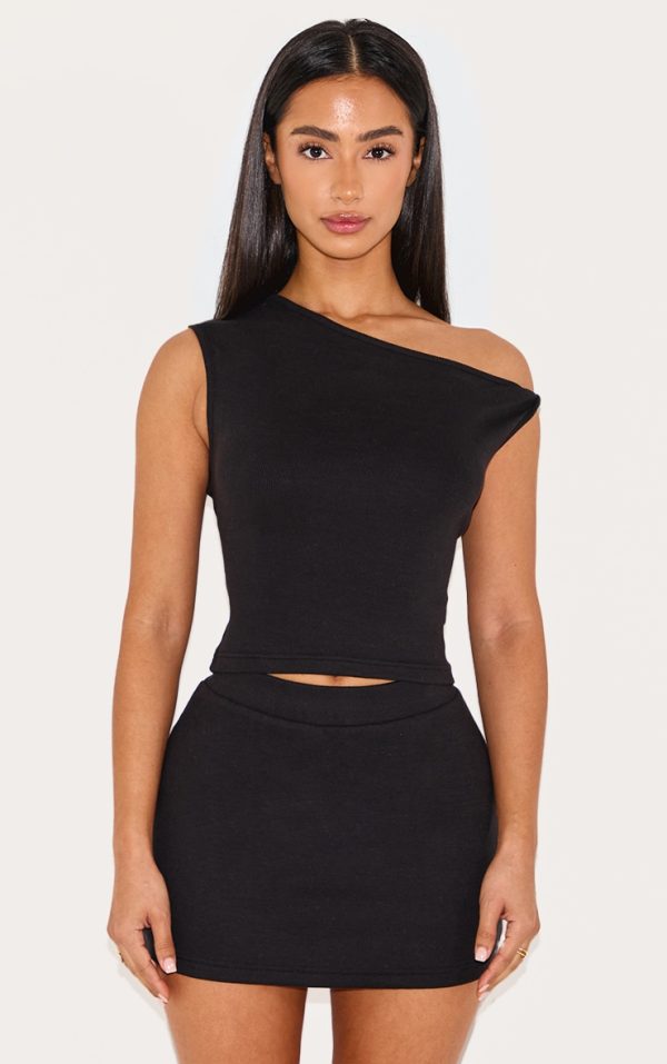 Petite Black Ribbed Twist Detail Top