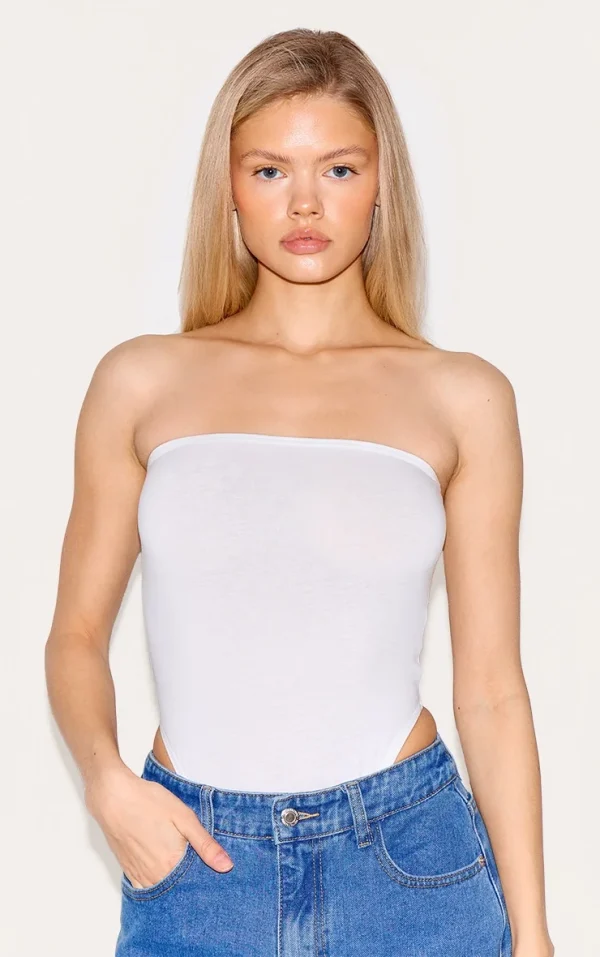Basic White Cotton Blend Bandeau Bodysuit