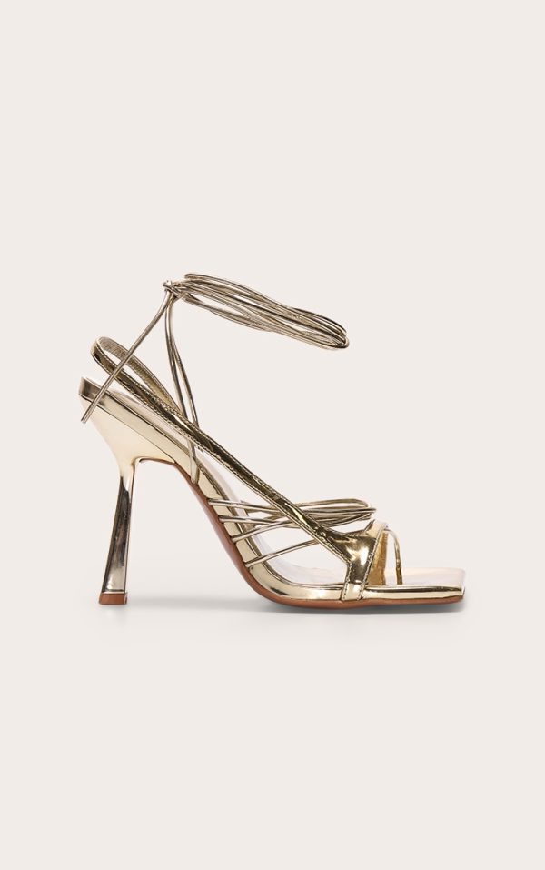Gold Pu Square Toe Asymmetric Strappy Lace Up High Heel Sandals