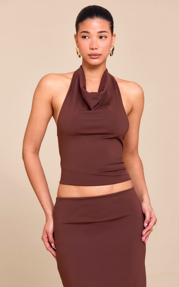Chocolate Brown Matte Sculpt Halterneck Gold Detail Backless Top