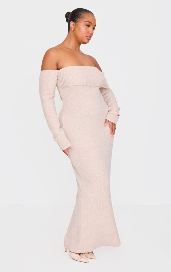 Plus Oatmeal Brushed Rib Bardot Maxi Dress