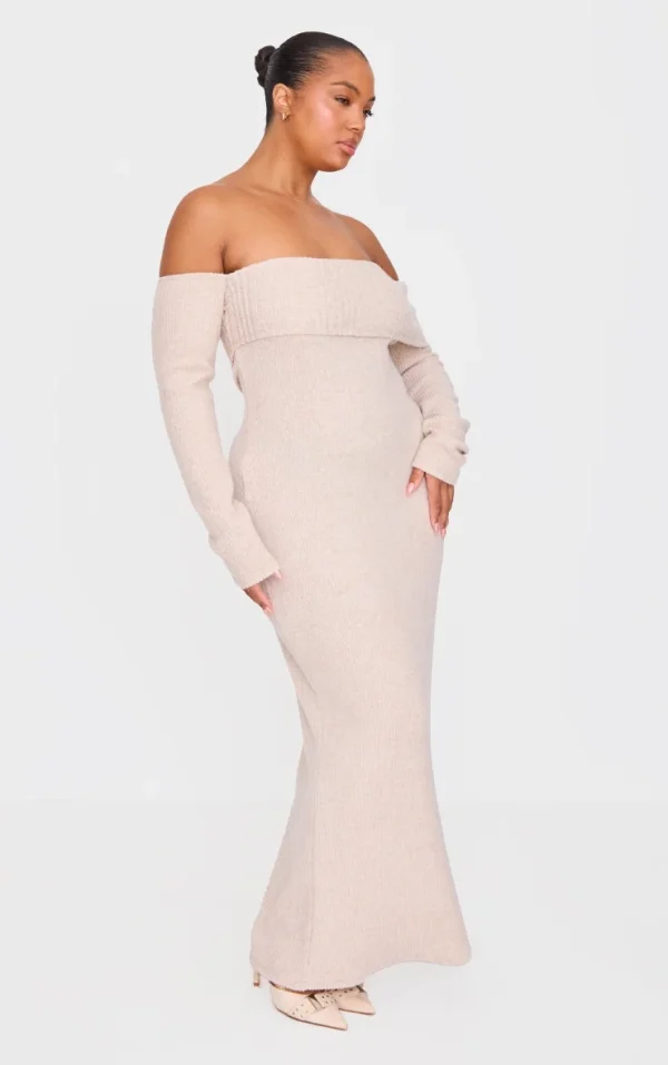 Plus Oatmeal Brushed Rib Bardot Maxi Dress