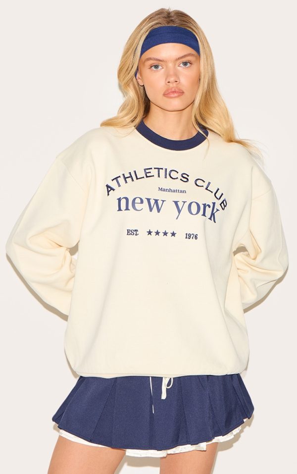 Cream Premium Contrast Neck Embroidered Sweatshirt