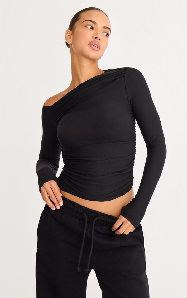 Black Soft Touch Asymmetric Detail Long Sleeve Top
