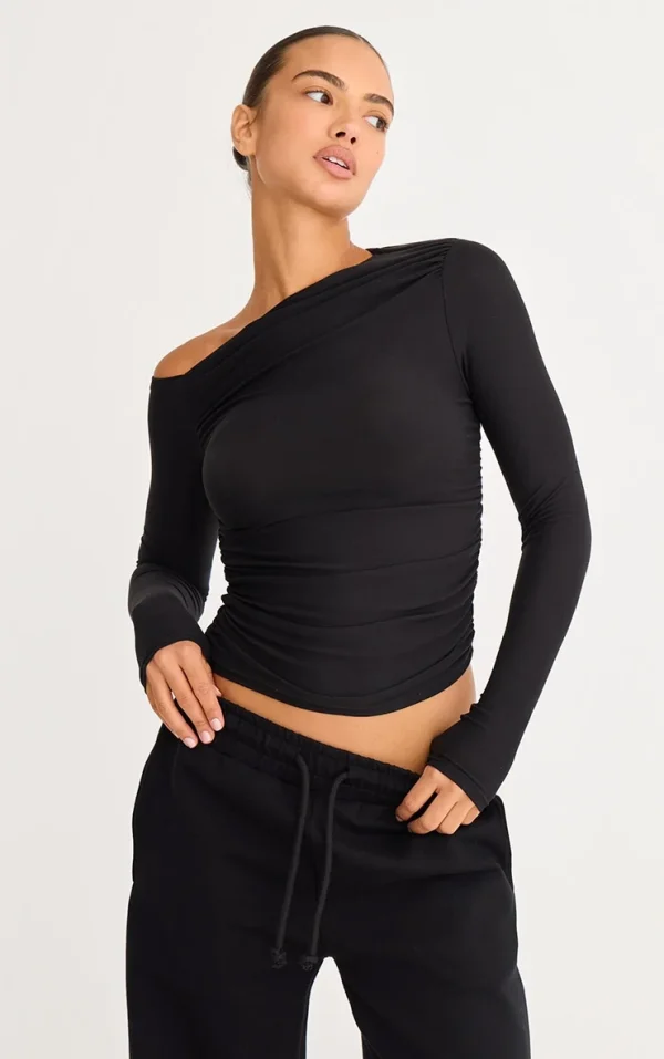 Black Soft Touch Asymmetric Detail Long Sleeve Top
