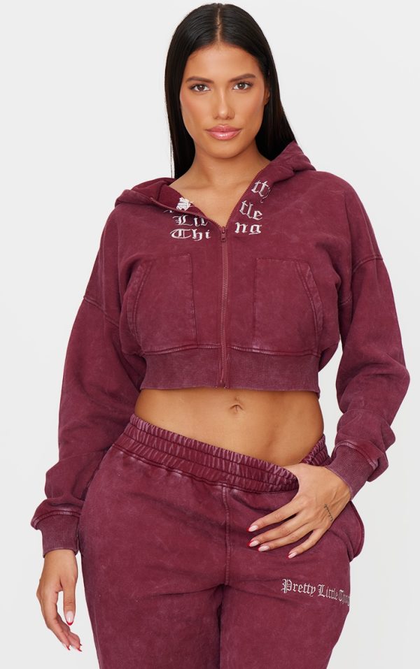 PRETTYLITTLETHING Shape Burgundy Printed Zip Through Washed Hoodie