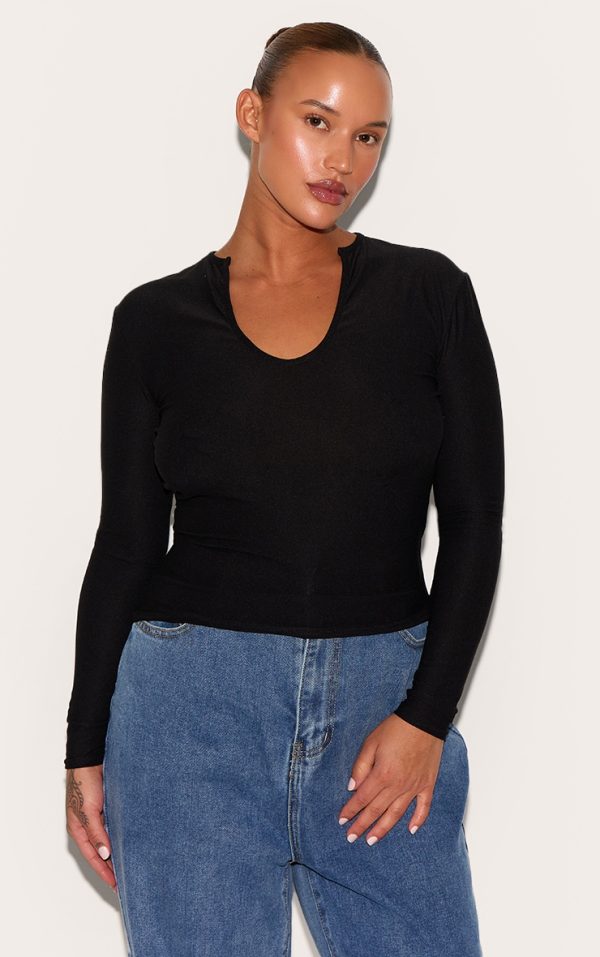 Plus Black Soft Touch V Neck Long Sleeve Top