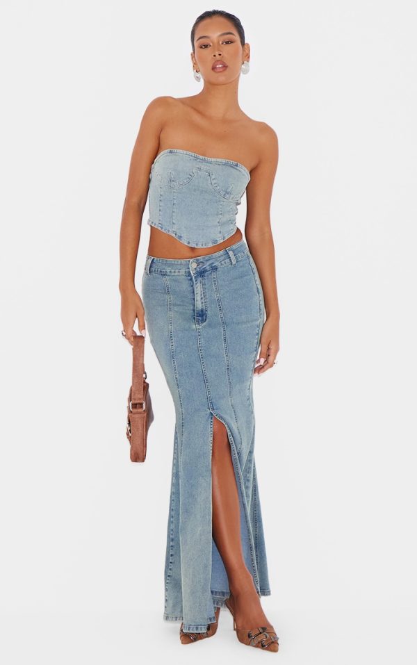 Light Blue Vintage Wash Seam Detail Split Maxi Skirt