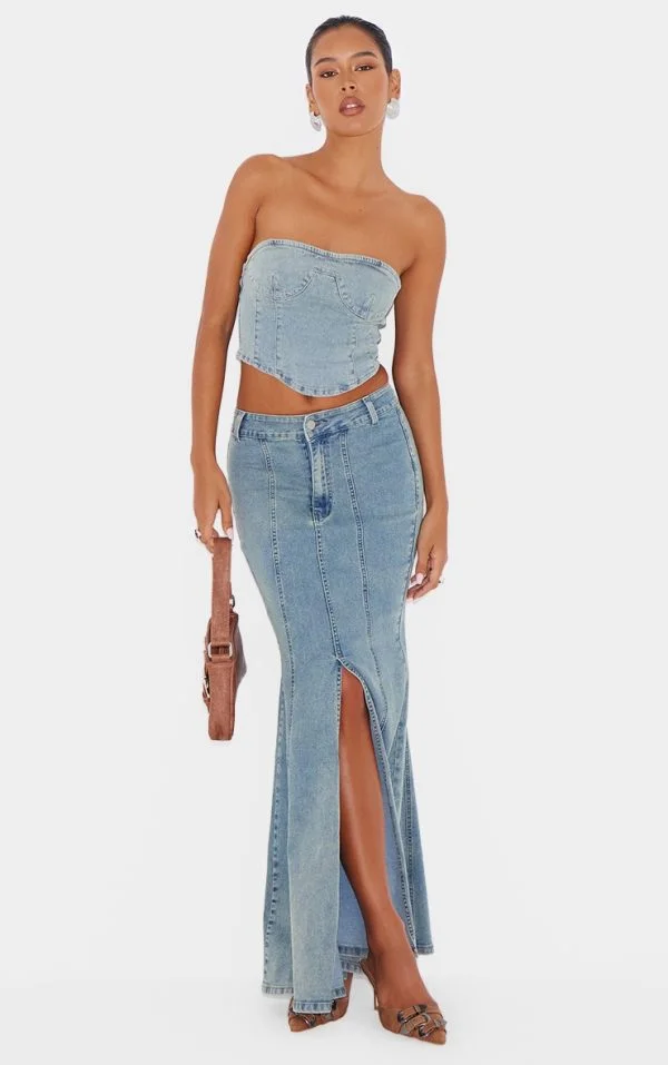 Light Blue Vintage Wash Seam Detail Split Maxi Skirt