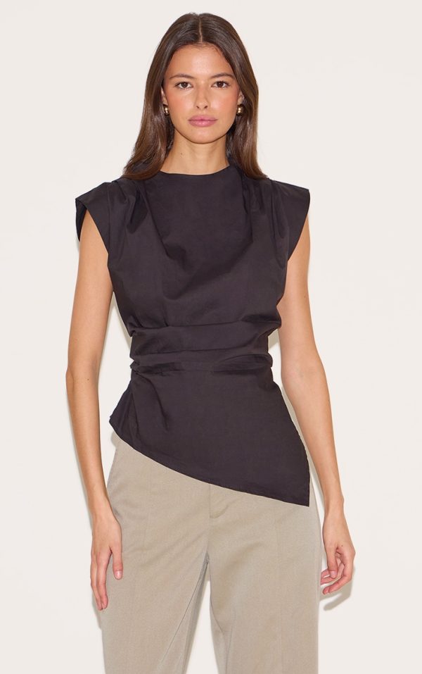 Black Woven Shoulder Detail Asymmetric Hem Long Top