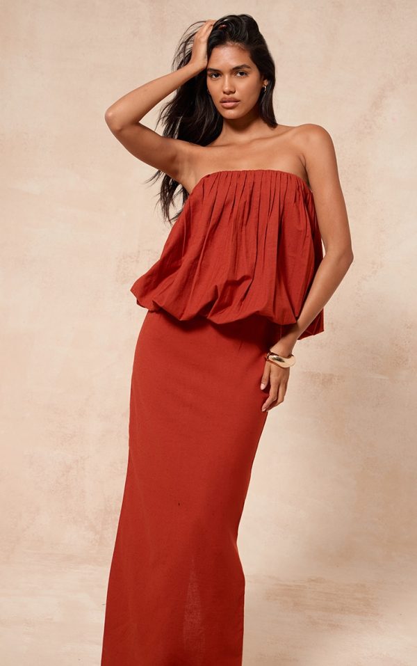 Rust Linen Look A Line Maxi Skirt