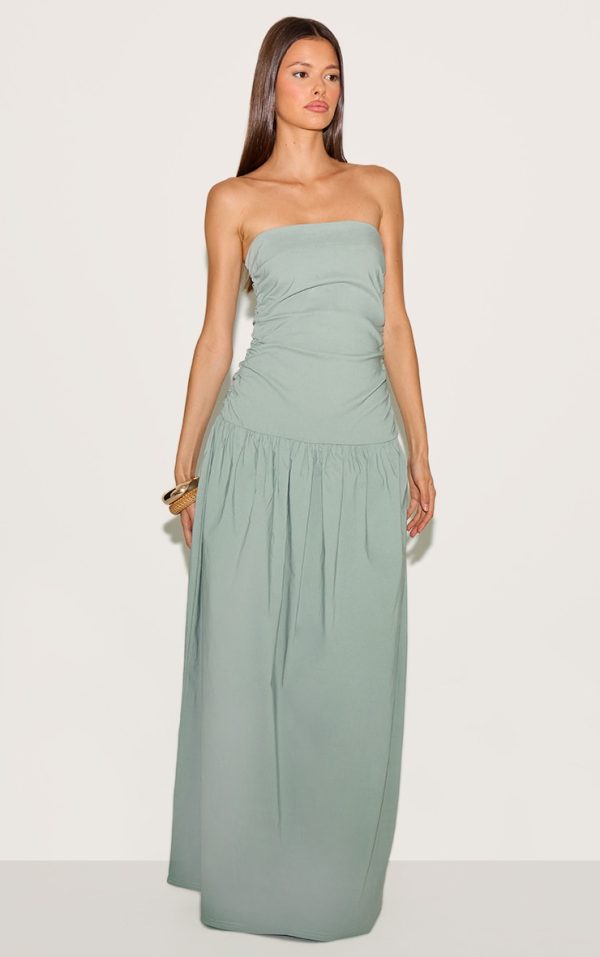 Sage Stretch Woven Bandeau Ruched Maxi Dress