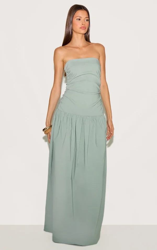 Sage Stretch Woven Bandeau Ruched Maxi Dress