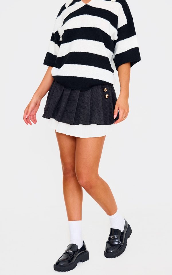 Black Pleated Textured Boucle Mini Skirt