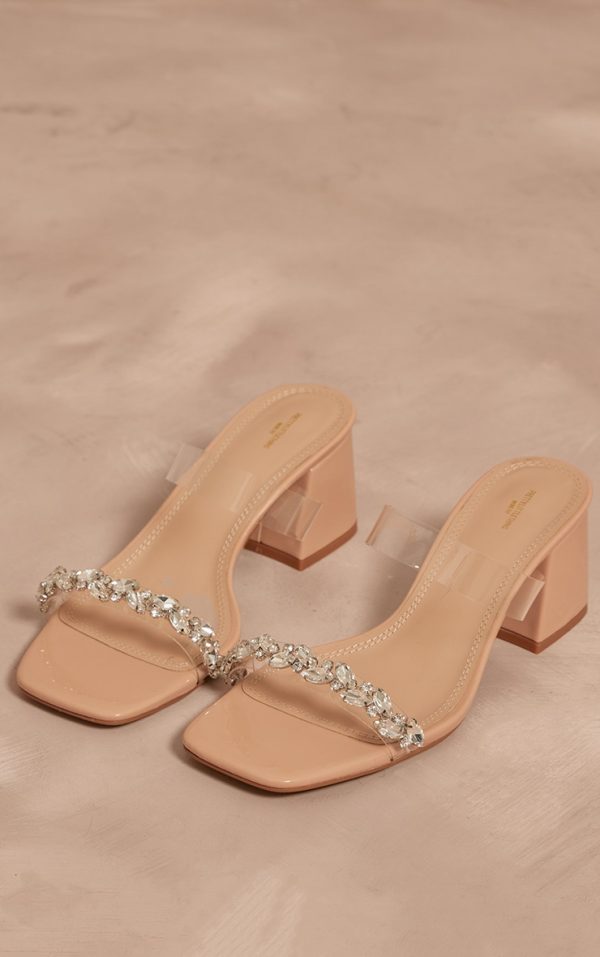 Nude PU Wide Fit Square Toe Jewel Perspex Block Heeled Mules