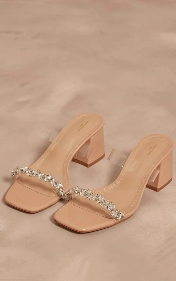 Nude PU Wide Fit Square Toe Jewel Perspex Block Heeled Mules