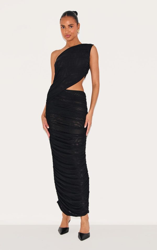 Black One Shoulder Ruched Maxi Dress
