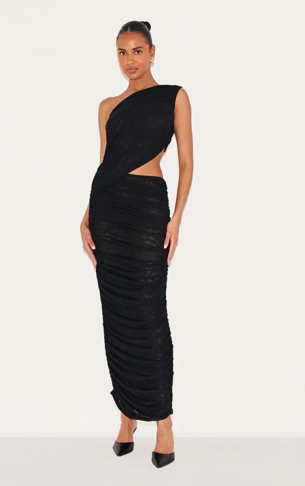 Black One Shoulder Ruched Maxi Dress