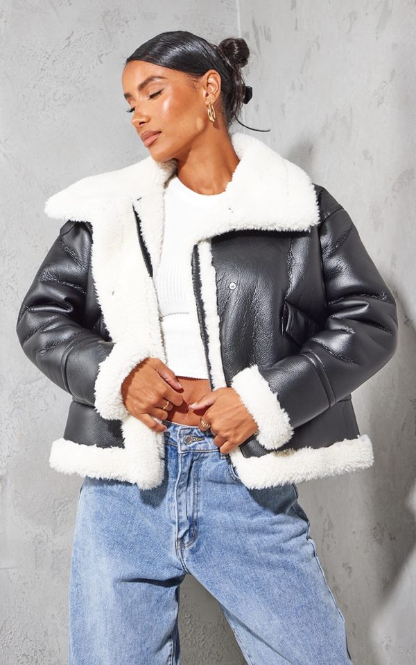 Black Faux Fur Lined Faux Leather Buckled Aviator Jacket