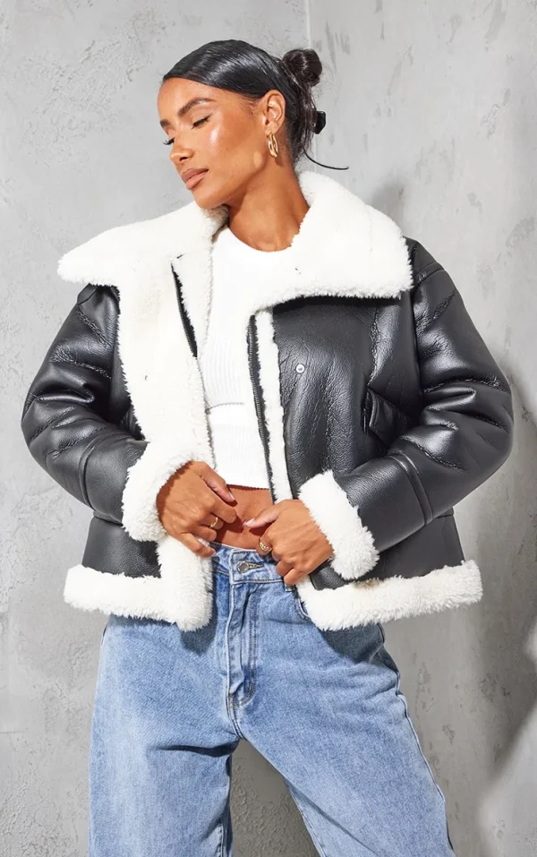Black Faux Fur Lined Faux Leather Buckled Aviator Jacket