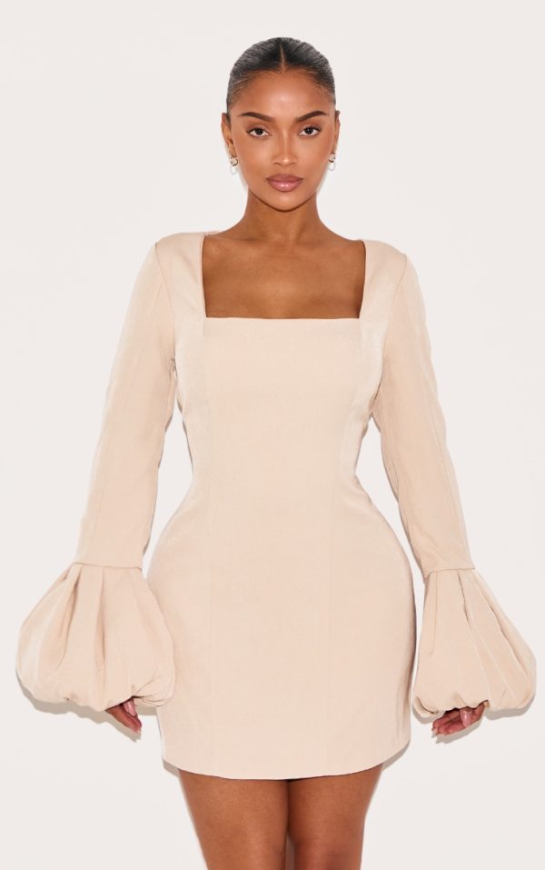 Shape Pebble Woven Square Neck Puffball Sleeve Mini Dress