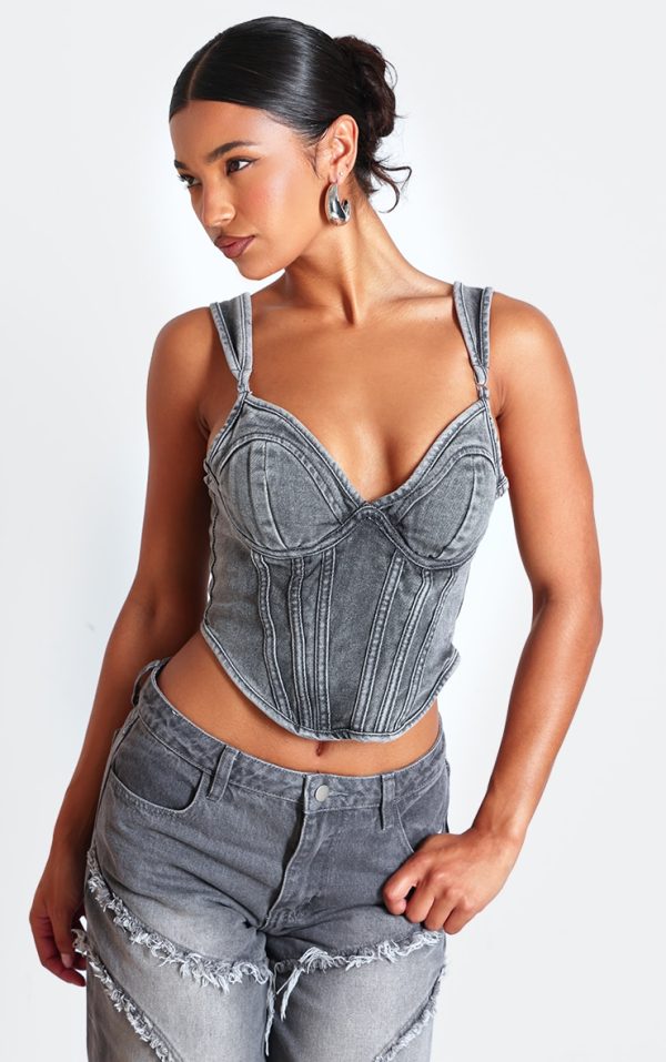 Washed Grey Dip Hem Bust Cup Denim Corset