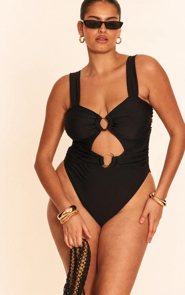 Plus Black O Ring Ruched Cut Out Swimsuit
