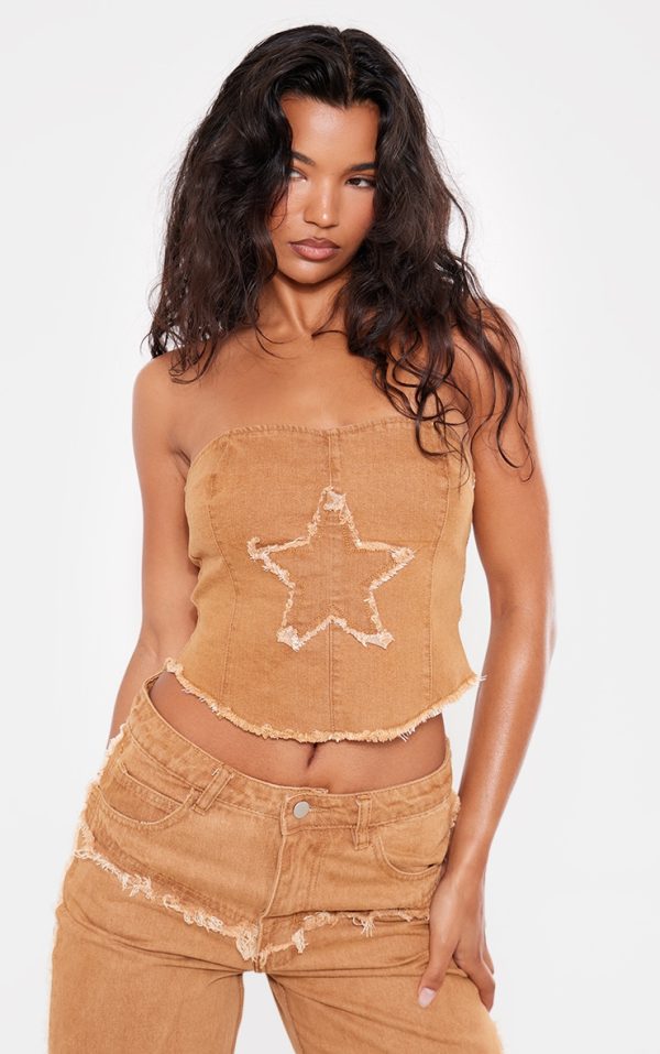Washed Brown Star Applique Stretch Corset Top