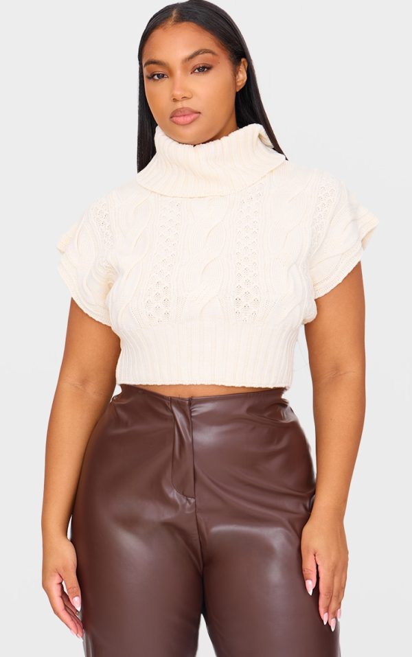 Plus Cream Cable Knit Cap Sleeve Roll Neck Cropped Vest