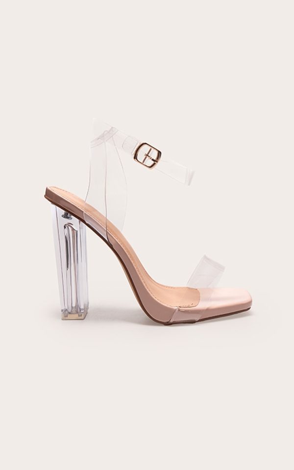 Nude Wide Fit Clear High Block Heel Strappy Heel Sandals