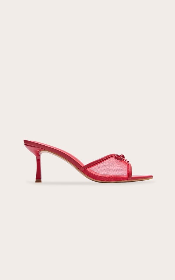 Red Mesh Round Toe Bow Strap Mid Heeled Mules