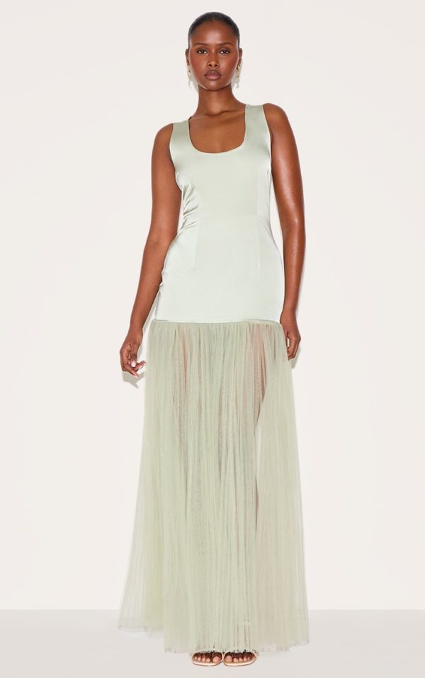 Sage Green Scoop Neck Drop Waist Maxi Dress