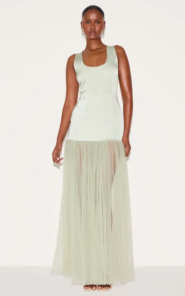 Sage Green Scoop Neck Drop Waist Maxi Dress