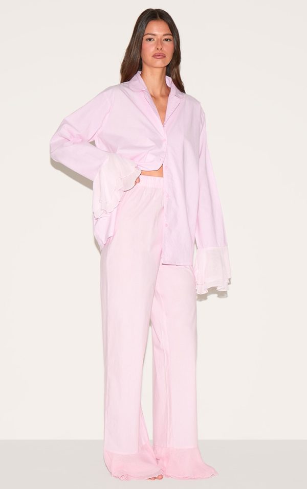 Pink Frill Hem Cotton Long Pj Set