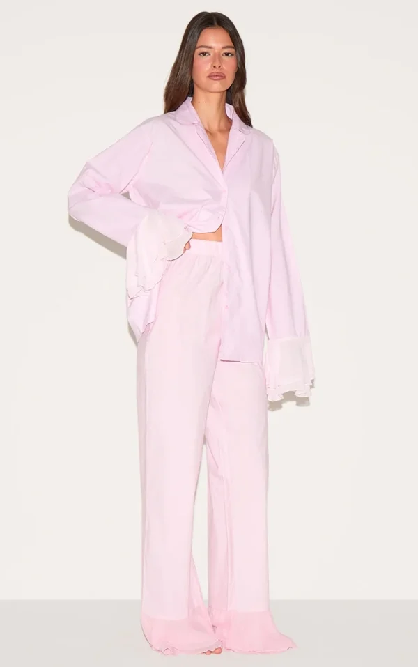 Pink Frill Hem Cotton Long Pj Set