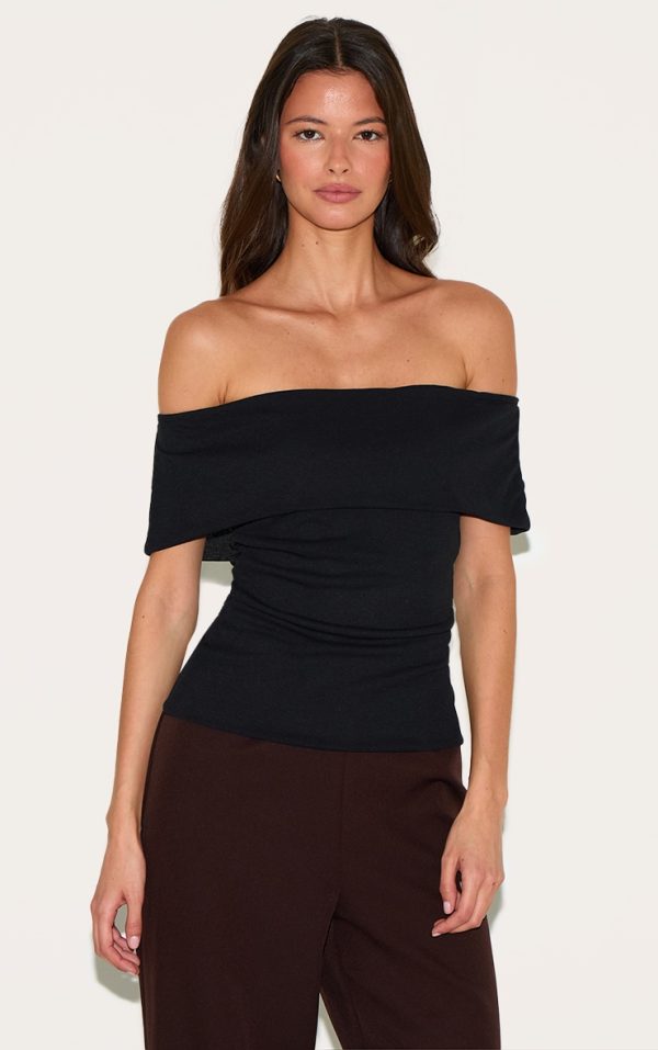 Black Double Layer Burn Out Mesh Fold Over Bardot Top