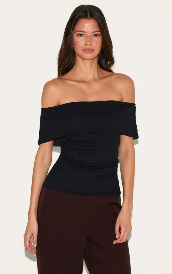 Black Double Layer Burn Out Mesh Fold Over Bardot Top