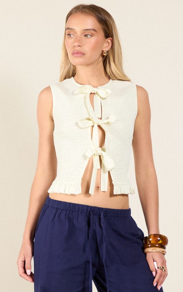 Cream Tie Front Extreme Shirred Top